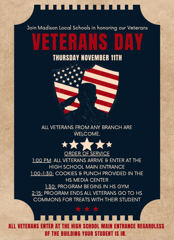Veteran's Day Assembly flyer; all information contained is posted in main reading area